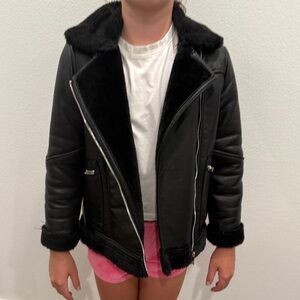 Zara Kids Black Faux Leather Jacket with Shearling Trin